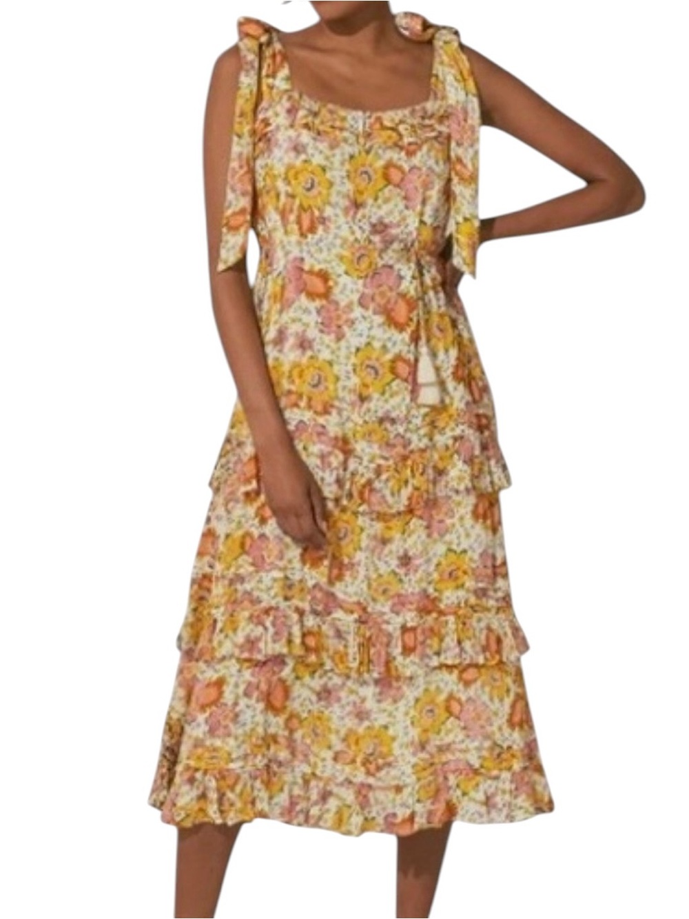 Cleobella Zane Floral Tie Shoulder Cami Tassel Tie Belt Tiered Midi Dress